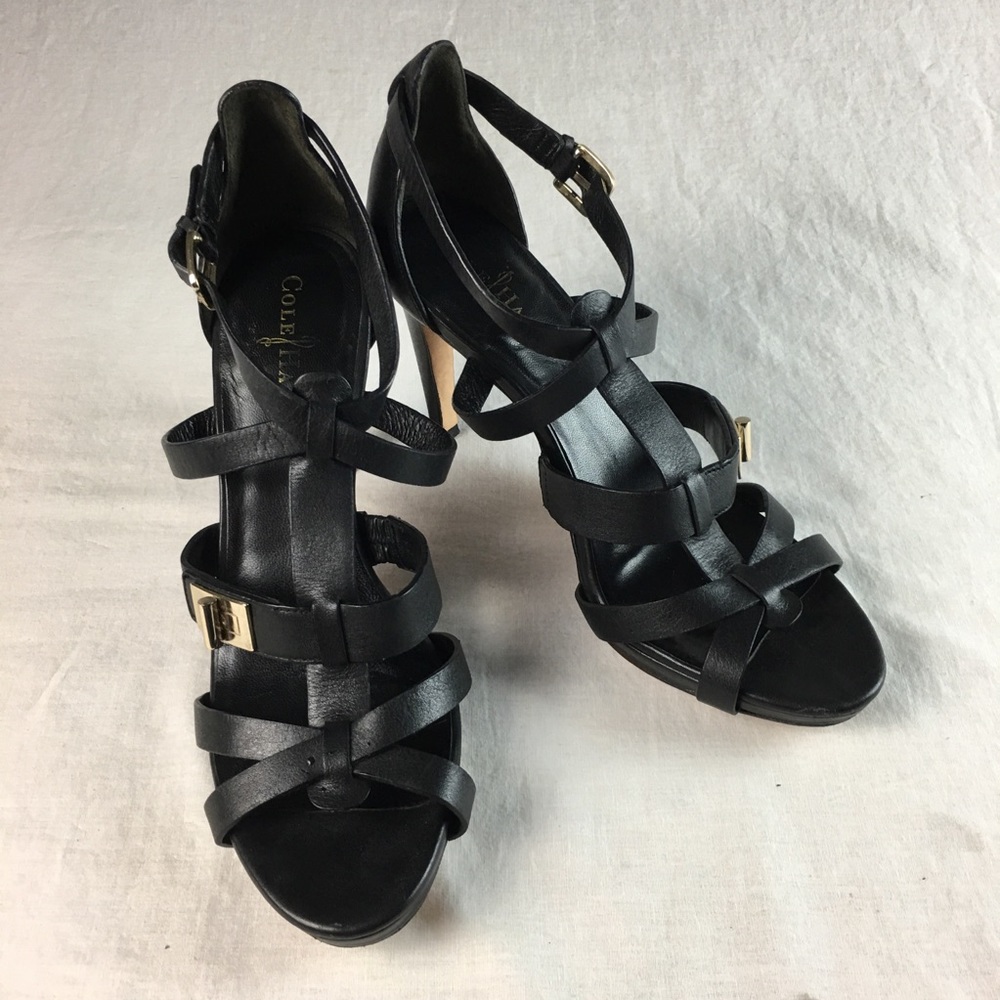 COLE HAAN BLACK LEATHER STRAP HEELS W/GOLD BUCKLE
